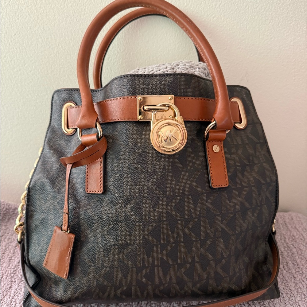 Michael Kors Black and Brown Satchel with Gold Accents